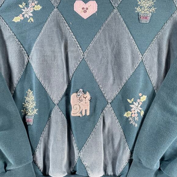 Vintage Alfred Dunner Grandma Style Cat Heart Flowers Embroidered Sweater - Picture 3 of 5